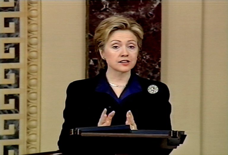 Sen. Hillary Rodham Clinton, D-N.Y., speaks on the floor of the Senate Tuesday, Feb. 13, 2001, in this image from television. Clinton used her first speech on the floor to talk about access to health care, an issue that she tried unsuccessfully to tackle as first lady. (AP Photo/APTV)
