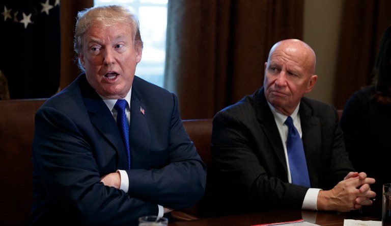 Chairman of the House Ways and Means Committee Rep. Kevin Brady, R-Texas, and President Trump celebrated the House passing tax reform legislation Thursday, but the bill falls short of meeting the Senate's standards. (AP Photo/Evan Vucci)