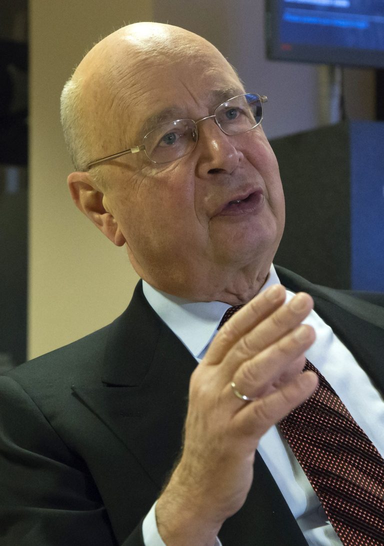 Founder and President of the World Economic Forum German Klaus Schwab speaks during an interview with The Associated Press in Davos, Switzerland, Monday, Jan. 20, 2014. The world's financial and political elite will head this week to the Swiss Alps for 2014's gathering of the World Economic Forum at the ski resort of Davos. (AP Photo/Michel Euler)