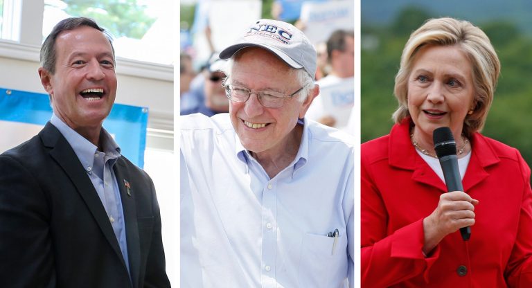 Front-running Democratic presidential candidate Hillary Clinton, right, and her top challengers, Sen. Bernie Sanders, center, and former Maryland Gov. Martin O'Malley, will meet privately with the AFL-CIO's executive council at the end of July. (AP Photos)