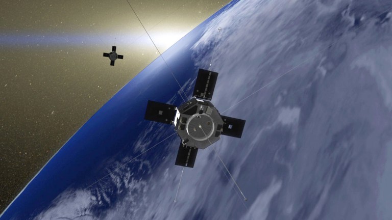   This undated image made available by NASA and the Goddard Space Flight Center shows an artist's rendition of the Van Allen Probes in orbit around Earth. The twin spacecraft have captured the clearest sounds yet from Earth's radiation belts - and they mimic the chirping of birds. NASA's Van Allen Probes have been exploring the hostile radiation belts surrounding Earth for just three months. But already, they've collected measurements of high-energy particles and radio waves in unprecedented detail. Scientists said Tuesday, Dec. 4, 2012 these waves can provide an energy boost to radiation belt particles, somewhat like ocean waves can propel a surfer on Earth. (AP Photo/NASA/Goddard Space Flight Center)  