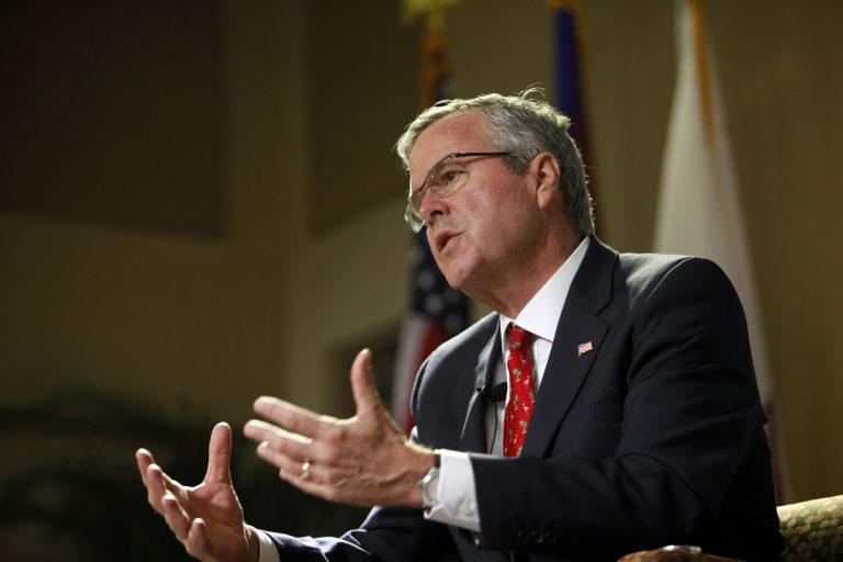 Former Florida Gov. Jeb Bush speaks during an event at the Metropolitan University in San Juan, Puerto Rico, Tuesday, April 28, 2015. (AP Photo/Ricardo Arduengo)