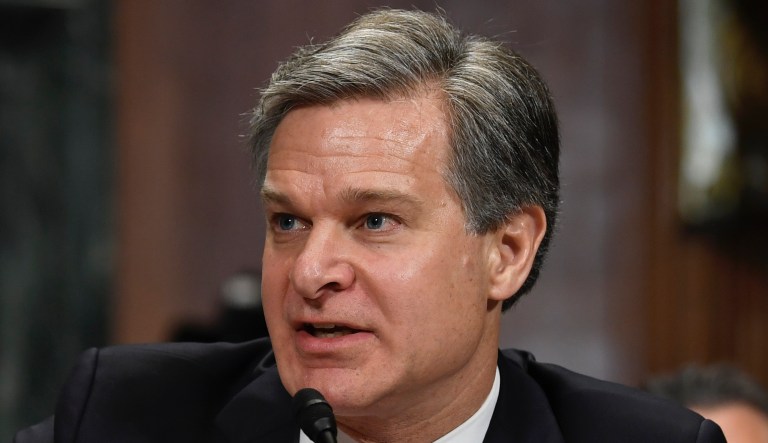 FBI Director Christopher Wray speaks during an interview with The Associated Press, Monday, Dec. 9, 2019, in Washington. Wray says the problems found by the Justice Department watchdog examining the origins of the Russia probe are âunacceptable."