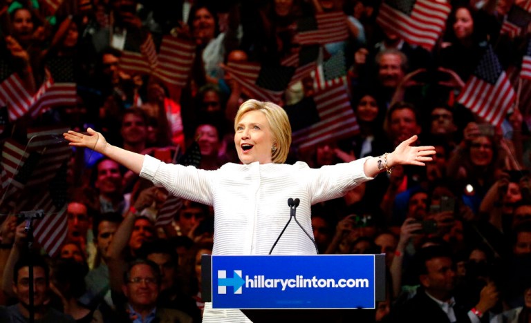 Hillary Clinton greets supporters during a presidential primary Election Night rally in 2016. 