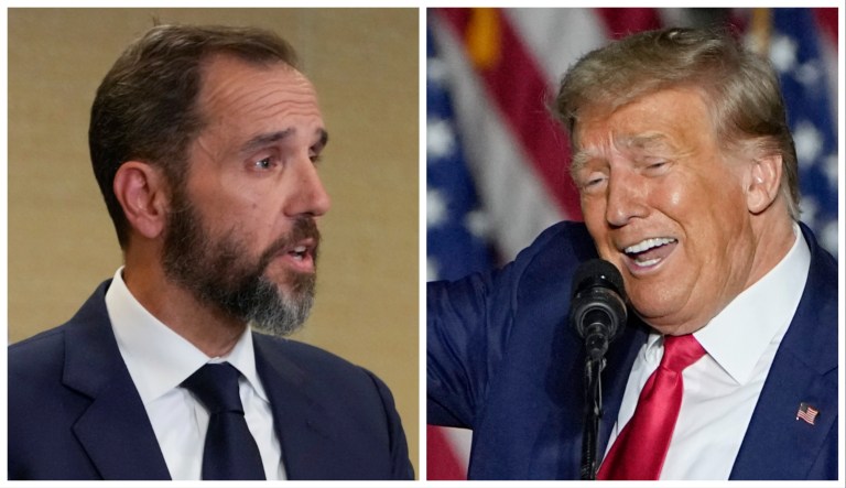 Special Counsel Jack Smith speaking at a press conference in Washington, D.C.,on Aug. 1, 2023, and former President Donald Trump speaking at a campaign rally in Erie, Pennsylvania on July 29, 2023.