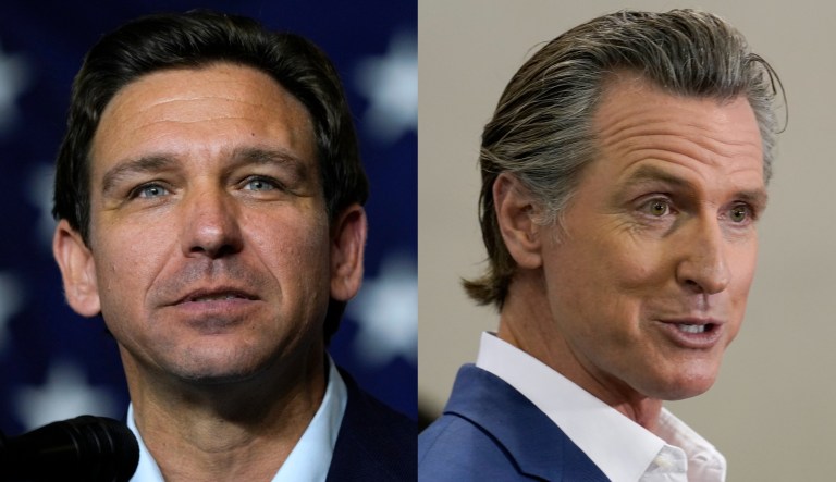 Florida Gov. Ron DeSantis (R), left, and California Gov. Gavin Newsom (D), right.