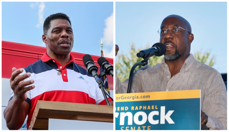Herschel Walker and Sen. Raphael Warnock (D-GA) campaign to be senator for Georgia in the 2022 midterm elections.
