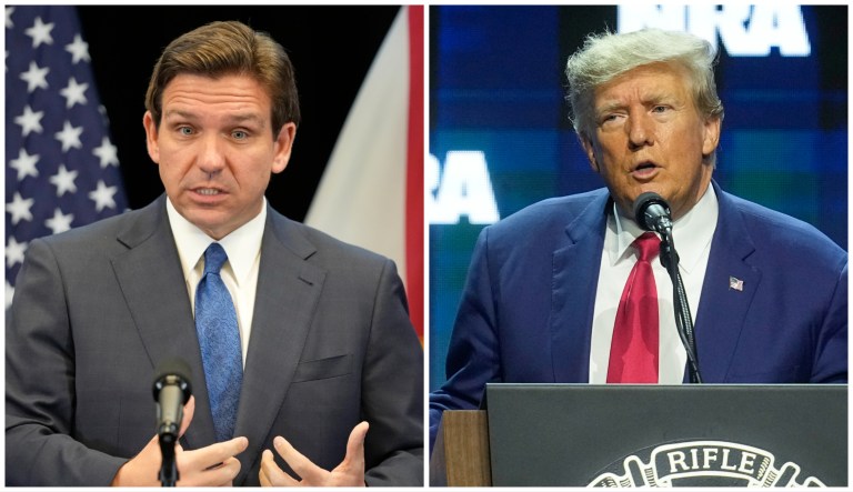 Gov. Ron DeSantis (R-FL) at a news conference at the Reedy Creek Administration Building Monday, April 17, 2023, in Lake Buena Vista, Florida, and former President Donald Trump speaking at the National Rifle Association Convention, Friday, April 14, 2023, in Indianapolis, Indiana.