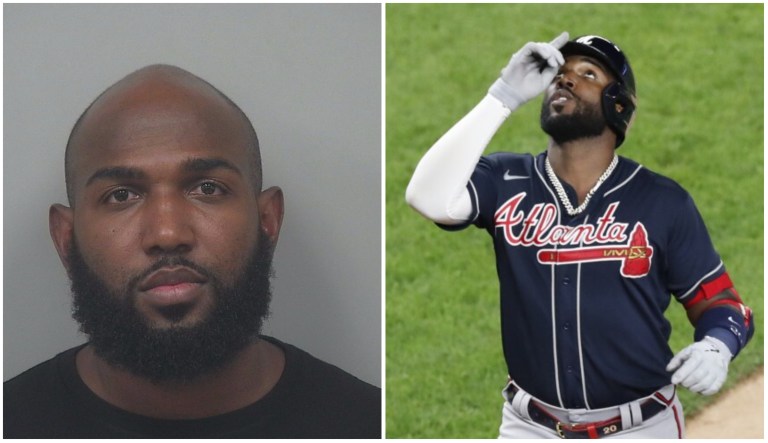 Marcell Ozuna, playing for the Braves (right) and his booking photo (left).