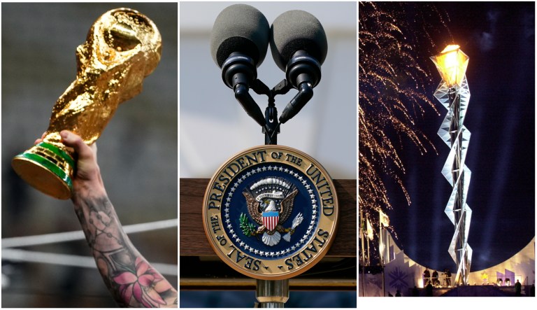 The FIFA Men's World Cup trophy is held by Lionel Messi (ARG) after the 2022 FIFA World Cup Final in Qatar, the seal of the President of the United States, and the Olympic cauldron is lit at the Opening Ceremony of the 2002 Winter Olympics in Salt Lake City, Utah, USA/