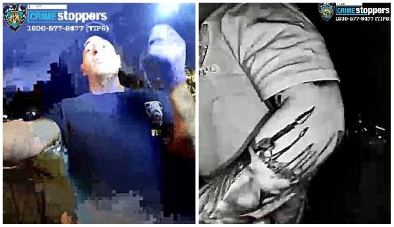 A compilation of two images of one of the suspects accused of impersonating a police officer during a robbery on July, 23, 2022 in New York City.