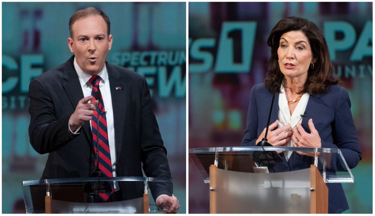 Rep. Lee Zeldin (R-NY) and Gov. Kathy Hochul (D-NY) during a debate Oct. 25, 2022.