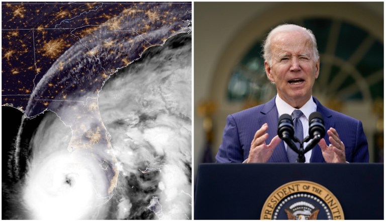 A diptych of Hurricane Ian and President Joe Biden.