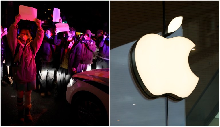 Protesters hold up blank papers and chant slogans as they march in protest in Beijing, Sunday, Nov. 27, 2022, and the Apple logo.