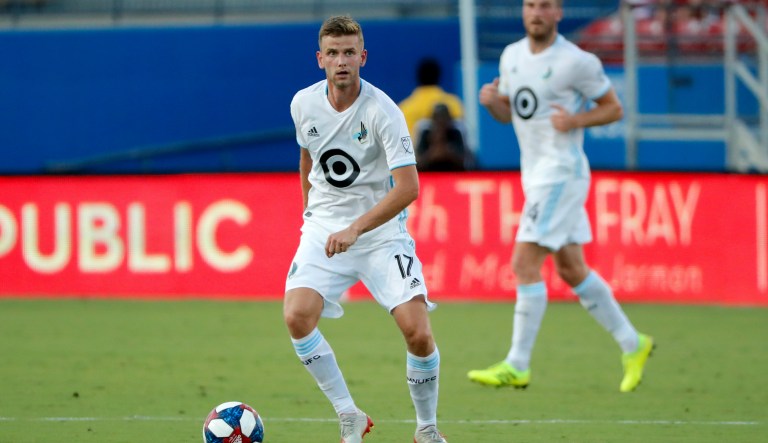 Minnesota United midfielder Collin Martin (17) handles the ball during an MLS soccer match against FC Dallas in Frisco, Texas, Saturday, Aug. 10, 2019.