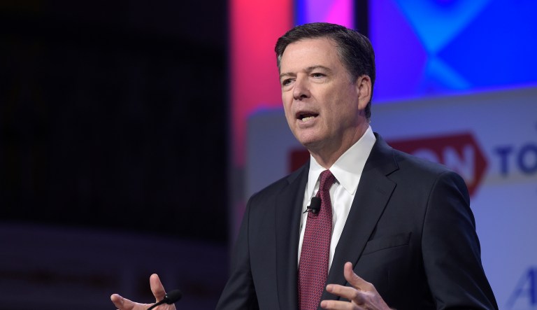 In this photo taken May 8, 2017, FBI Director James Comey speaks in Washington. President Donald Trump has fired Comey. In a statement released Tuesday, May 9, Trump says Comeyâs firing âwill mark a new beginningâ for the FBI.