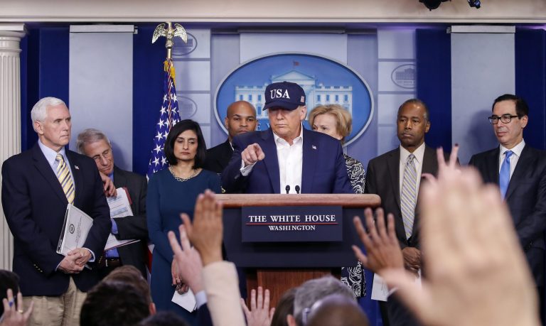 President Donald Trump speaks during briefing on coronavirus in the Brady press briefing room at the White House, Saturday, March 14, 2020, in Washington. Listening on the podium from left are, Vice President Mike Pence,, Dr. Anotny Fauci, Director of the National Institute of Allergy and Infectious Diseases at the National Institutes of Health, Administrator of the Centers for Medicare and Medicaid Services Seema Verma, U.S. Surgeon General Jerome Adams, Dr. Deborah Birx, White House coronavirus response coordinator,, Housing and Urban Development Secretary Ben Carson, and Treasury Secretary Steven Mnuchin.