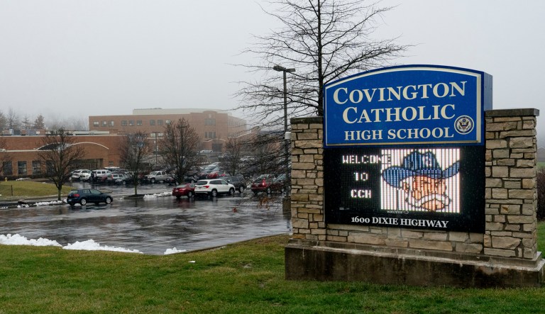 Fog covers Covington Catholic High School in Park Hills, Ky., Saturday, Jan 19, 2019. A diocese in Kentucky apologized Saturday after videos emerged showing students from the Catholic boys' high school mocking Native Americans outside the Lincoln Memorial on Friday after a rally in Washington.