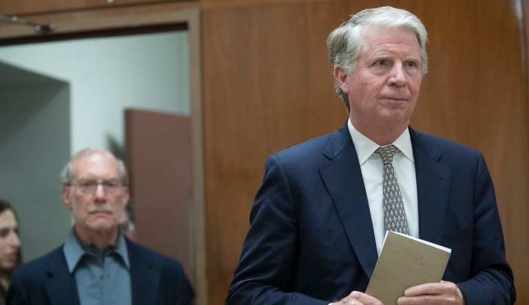 Manhattan District Attorney Cy Vance, right, is followed by Stan Patz, father of 6-year-old Etan Patz, as they arrive to talk to reporters after Pedro Hernandez, the man convicted of killing 6-year-old Etan Patz, one of America's most notorious missing-child cases, was sentenced at Manhattan Supreme Court, in New York, Tuesday, April 18, 2017.