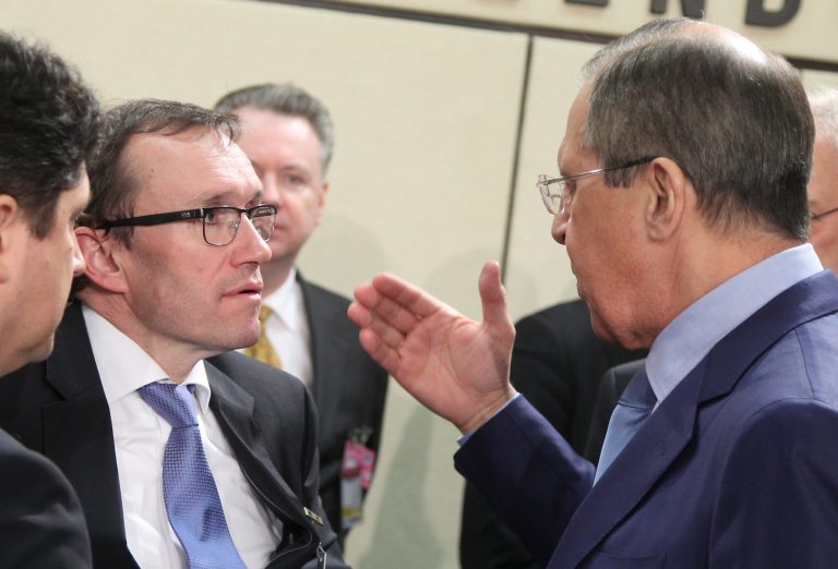 Norway's Foreign Minister Espen Barth Eide, left, talks with Russia's Foreign Minister Sergey Lavrov, prior to the NATO-Russia Council during a NATO foreign ministers meeting at NATO headquarters in Brussels, Tuesday, April 23, 2013. (AP Photo/Yves Logghe)