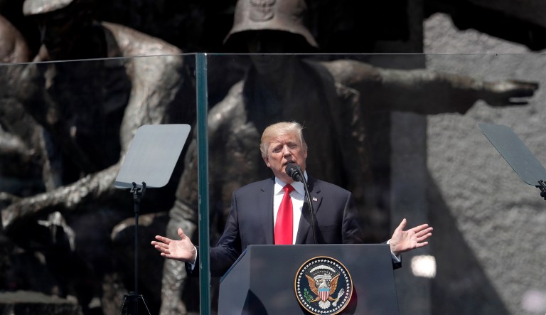 U.S. President Donald Trump delivers a speech in Krasinski Square, in Warsaw, Poland, Thursday, July 6, 2017. (AP Photo/Petr David Josek)