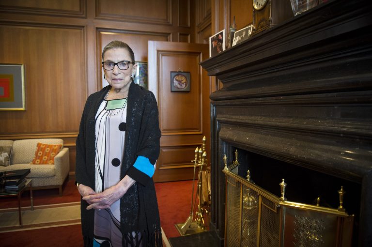 Associate Justice Ruth Bader Ginsburg in her Supreme Court chambers in Washington, Thursday, July 31, 2014.  Ginsburg says the Supreme Court won't duck the issue of same-sex marriage the next time a case comes to the court.  The 81-year-old Ginsburg said in an interview with The Associated Press on Thursday that she expects a same-sex marriage case to be heard and decided by June 2016, and possibly a year earlier.(AP Photo/Cliff Owen)