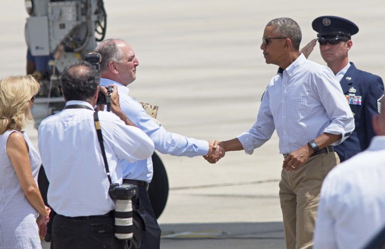 Obama extolled Fugate and FEMA several times during his brief remarks after touring Baton Rouge. (AP Photo/Max Becherer)