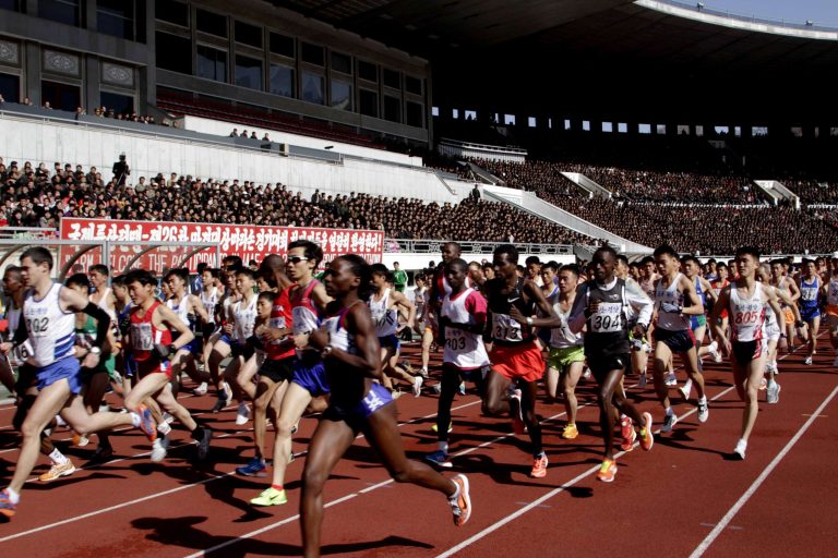 There was the 26th Mangyongdae Prize Marathon at Kim Il Sung Stadium, Pyongyang, on Suday, April 14, 2013. The players started their competition at Kim Il Sung Stadium. (AP Photo/Jon Chol Jin)
