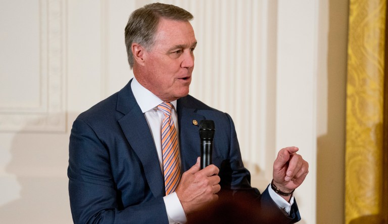 Sen. David Perdue, R-Ga., speaks at a roundtable during an event to salute U.S. Immigration and Customs Enforcement (ICE) officers and U.S. Customs and Border Protection (CBP) agents in the East Room of the White House in Washington, Monday, Aug. 20, 2018.