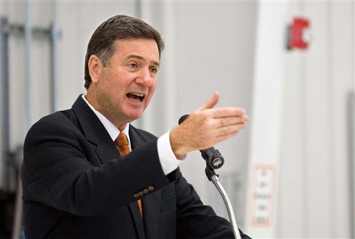 Former Gov. George Allen, who is running against former Gov. Tim Kaine for the U.S. Senate seat in Virginia, speaks to Dynamic Aviation employees during Allen's last stop in the Valley while campaigning, Friday, Nov. 2, 2012 in Bridgewater, Va. (AP Photo/The Daily News-Record, Nikki Fox)
