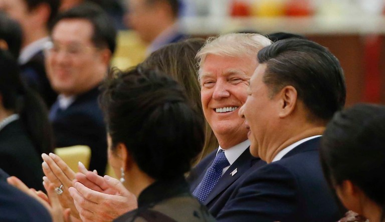 President Trump and Chinese President Xi Jinping attend at a state dinner at the Great Hall of the People in Beijing, China, Thursday, Nov. 9, 2017. (Thomas Peter/Pool Photo via AP)