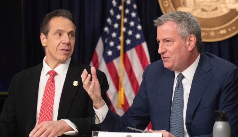 New York Gov. Andrew Cuomo, left, and Mayor Bill de Blasio discuss the state and cityâs preparedness for the spread of coronavirus, Monday, March 2, 2020 in New York.