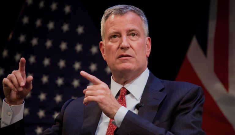 Bill de Blasio, mayor of New York City, speaks during a forum with Sadiq Khan, mayor of London at LaGuardia Community College in the Queens borough of New York on Sunday, Sept. 18, 2016.