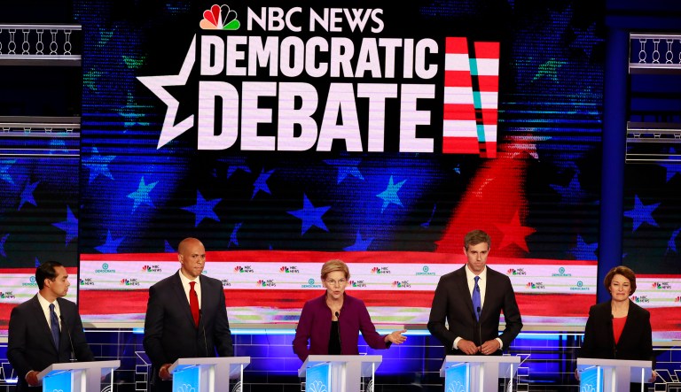 Democratic presidential candidate Sen. Elizabeth Warren, D-Mass., center, speaks during the Democratic primary debate hosted by NBC News at the Adrienne Arsht Center for the Performing Art, Wednesday, June 26, 2019, in Miami, as from left, former Housing and Urban Development Secretary Julian Castro, Sen. Cory Booker, D-N.J., former Texas Rep. Beto OâRourke and Sen. Amy Klobuchar, D-Minn.