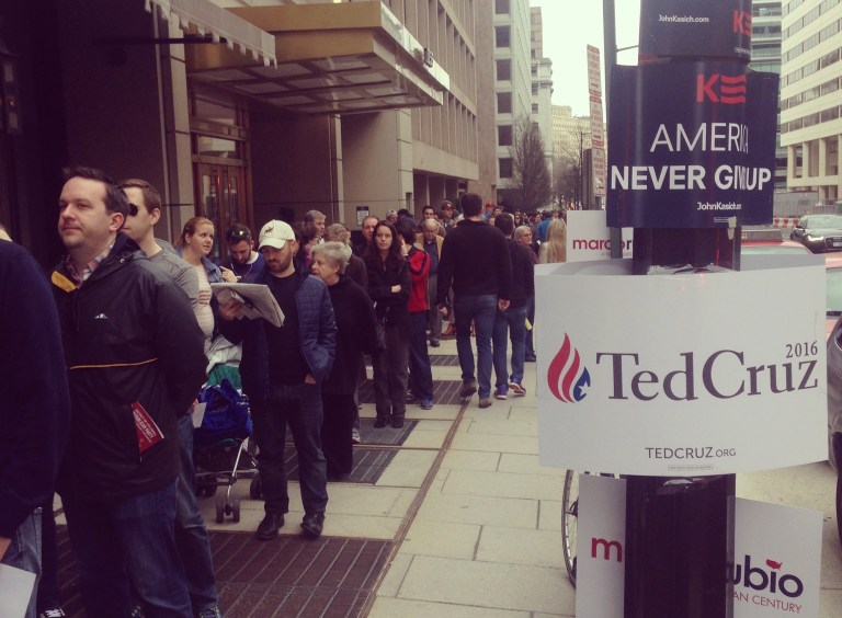 Voters braved long lines to cast their presidential ballots, and conference organizers were clearly overwhelmed. (Curt Mills/Washington Examiner)