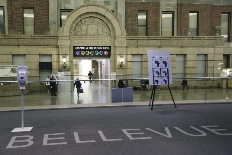 The lobby of Bellevue Hospital is seen in New York. Dr. Craig Spencer, a resident of New York City and a member of Doctors Without Borders, was admitted to Bellevue on Thursday and has been diagnosed with Ebola. (AP Photo/Mark Lennihan)