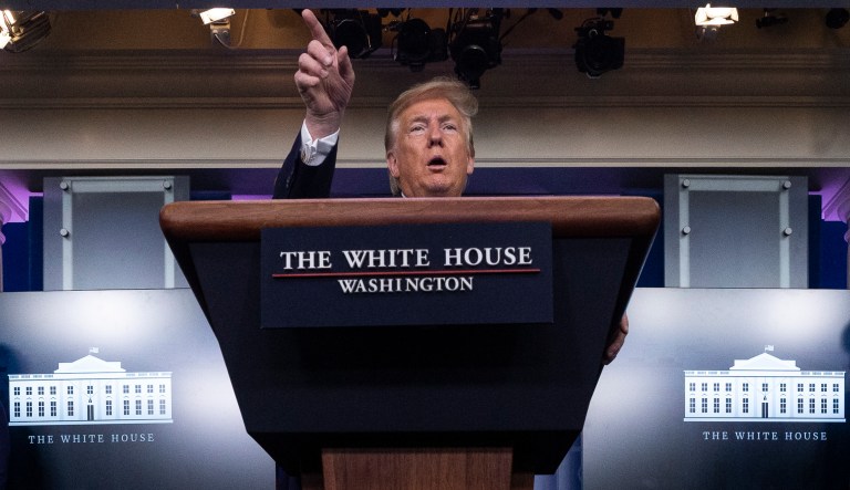 President Donald Trump speaks about the coronavirus in the James Brady Press Briefing Room of the White House, Tuesday, April 7, 2020, in Washington. Seema Verma, Administrator of the Centers for Medicare and Medicaid Services, left, and Dr. Deborah Birx, White House coronavirus response coordinator, stand behind Trump.