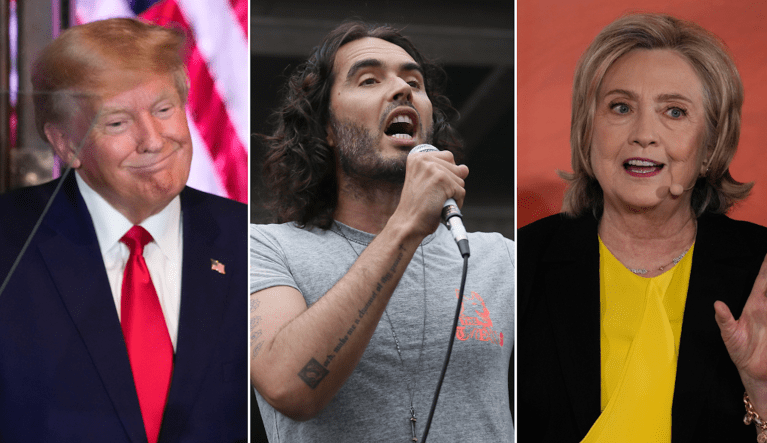 Donald Trump (left), Russell Brand (center), and Hillary Clinton.