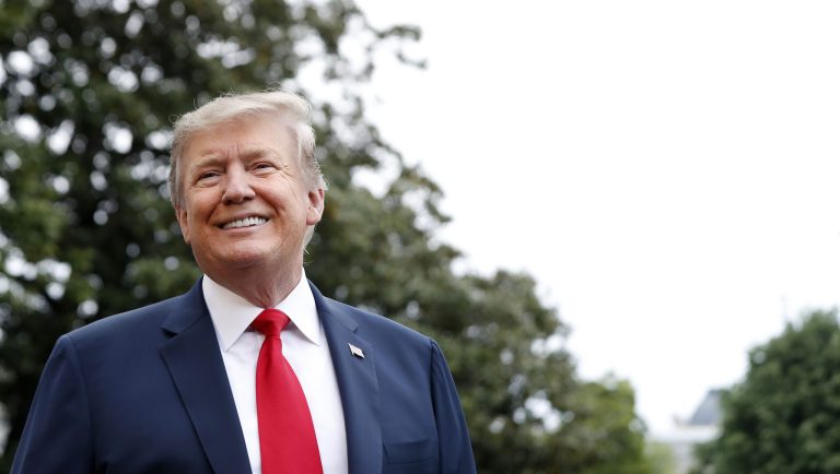 President Donald Trump smiles as he finishes speaking to the media on departure from the White House, Friday, April 26, 2019, as he leaves Washington headed to Indianapolis where he is expected to speak at the annual meeting of the National Rifle Association. 
