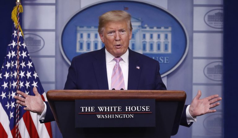 President Donald Trump speaks during a coronavirus task force briefing at the White House, Saturday, April 4, 2020, in Washington.
