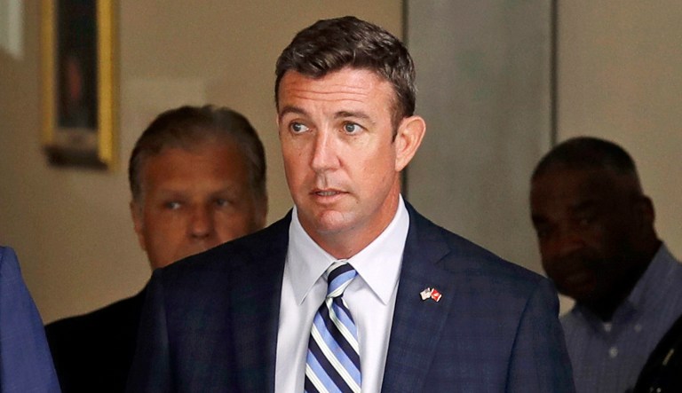 FILE - In this Aug. 23, 2018, file photo, Republican U.S. Rep. Duncan Hunter leaves an arraignment hearing in San Diego after he and his wife, Margaret, pleaded not guilty to charges they illegally used his campaign account for personal expenses.