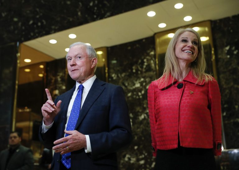 In this photo taken Nov. 17, 2016, Sen. Jeff Sessions, R-Ala., accompanied by Trump campaign manager Kellyanne Conway, speaks to media at Trump Tower in New York. President-elect Donald Trump has picked Sessions for the job of attorney general. (AP Photo/Carolyn Kaster)