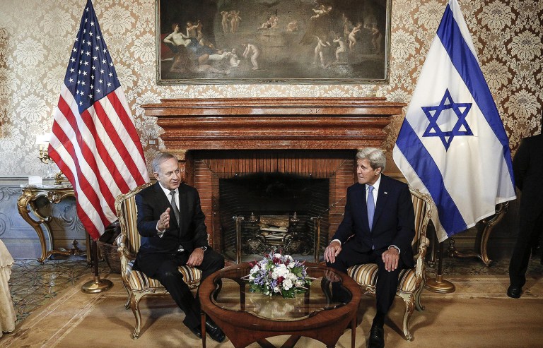 Secretary of State John Kerry talks with Israeli premier Benjamin Netanyahu. Kerry assured Netanyahu that 