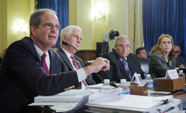 Assistant Inspector General for Healthcare Inspections John Daigh, Jr., left, and Veterans Affairs Acting Inspector General Richard Griffin testify during a House Committee hearing on Capitol Hill on Wednesday. (AP/Manuel Balce Ceneta)