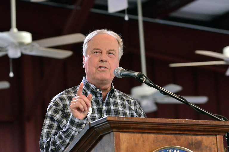 Rep. Ed Whitfield, R-Ky., speaks during the annual Fancy Farm picnic in Fancy Farm, Ky., Saturday, Aug. 2, 2014. (AP Photo/Stephen Lance Dennee)