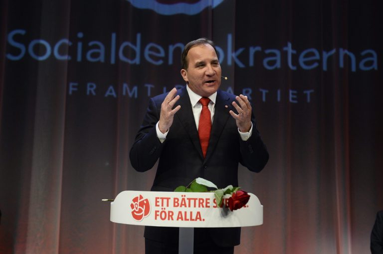 Opposition leader Stefan Lofven speaks at the election night party of the Social Democrats, in Stockholm, Sweden, on Sunday, Sept. 14, 2014. Sweden's Social Democrats were poised to return to power as the leaders of a left-leaning bloc that defeated the center-right government in a parliamentary election Sunday, but without an absolute majority.  (AP Photo / News Agency TT, Jonas Ekstromer) SWEDEN OUT