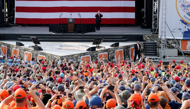 President Trump waves to the crowd of scouts at the 2017 National Boy Scout Jamboree at the Summit in Glen Jean,W. Va. (AP Photo/Steve Helber)