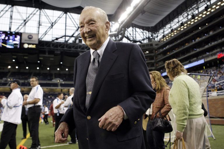 FILE - In this Oct. 26, 2008, file photo, Detroit Lions owner and chairman William Clay Ford walks on the sidelines prior to an NFL football game against the Washington Redskins in Detroit. Ford Motor Co. said in a statement Sunday, March 9, 2014, that Ford died of pneumonia at his home. Ford, who helped steer Ford Motor Co. for more than five decades and owned the NFL's Detroit Lions, has died at the age of 88. He was the last surviving grandson of company founder Henry Ford. (AP Photo/Paul Sancya, File)