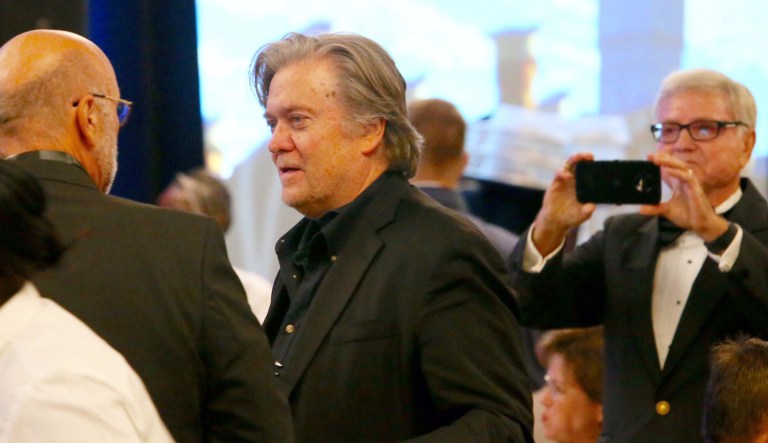 Steve Bannon, the former White House strategist to President Donald Trump, appears during an event at The Citadel in Charleston, S.C., Friday, Nov. 10, 2017. Bannon is receiving the Nathan Hale Patriot Award at The Citadel Republican Society's annual dinner. (Wade Spees/The Post And Courier via AP)