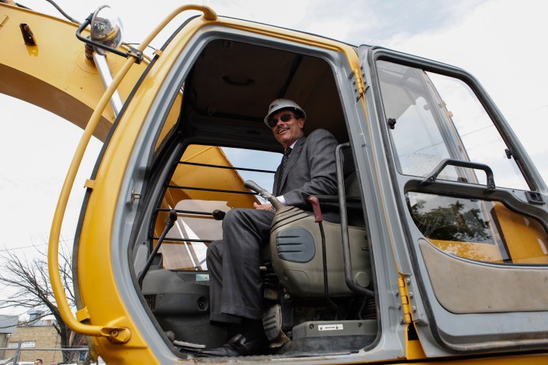D.C. Mayor Vincent Gray participates in a partial site demolition at the Skyland shopping center in Southeast D.C. (Graeme Jennings/Examiner)